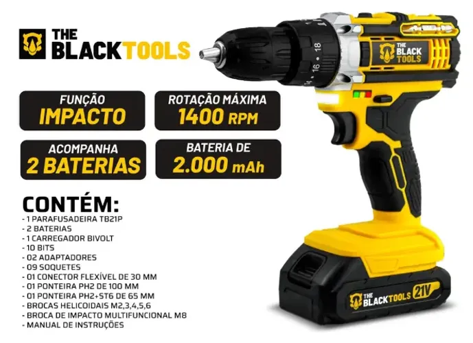 Parafusadeira Furadeira De Impacto The Black Tools Profissional TB-21PX 2 Baterias