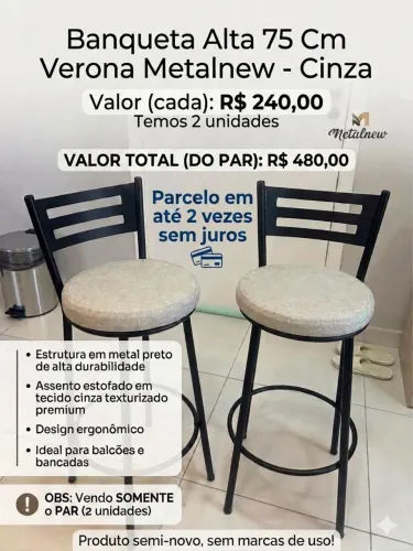 Banqueta Alta 75 Cm Verona Metalnew - Cinza