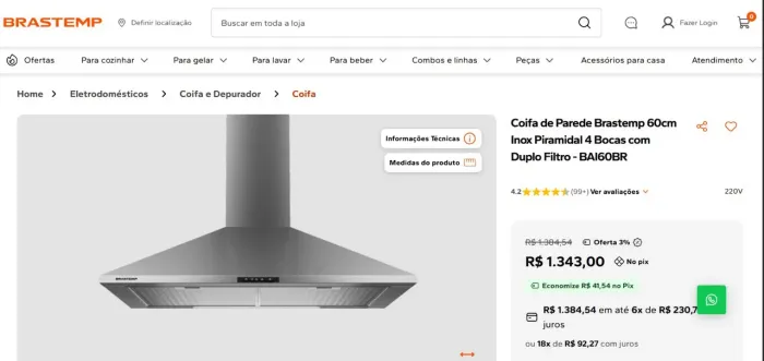 Coifa Brastemp Piramidal 60cm Inox Nova Lacrada 127V - BAI60BRANA