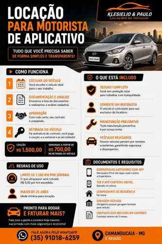 Locação de veículos para motorista de aplicativos e por diária
