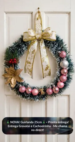 Guirlanda de Natal Rosa e Dourada 25cm Artesanal