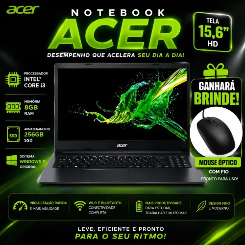 Notebook Acer A315-56-99UP Intel Core i3 8GB RAM 256GB SSD Windows 11 para Estudos