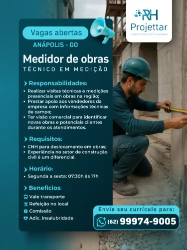 Vaga de Emprego para Medidor de Obras em Anápolis