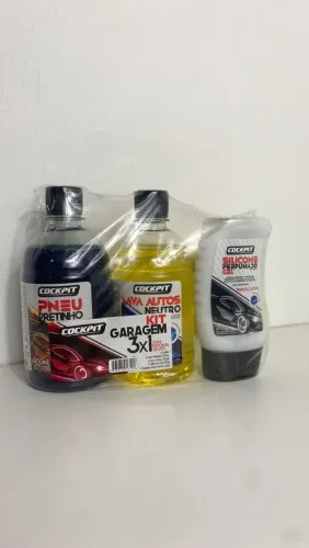 Kit Limpeza Automotiva 3x1 Cockpit - Pneu Pretinho 500ml + Lava Autos Neutro 500ml + Silic