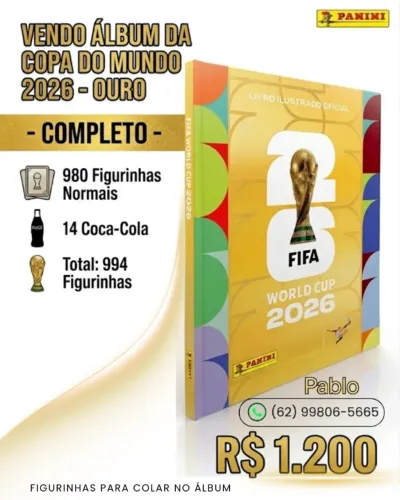 Álbum Copa do mundo 2026 capa dura OURO + 994 FIGURINHAS PARA COLAR 