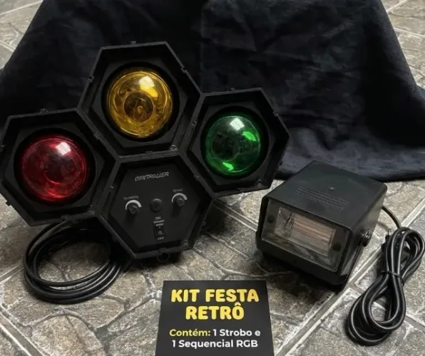 Kit Iluminação de Festa Retrô - Strobo + Sequencial de 3 Cores Rítmico