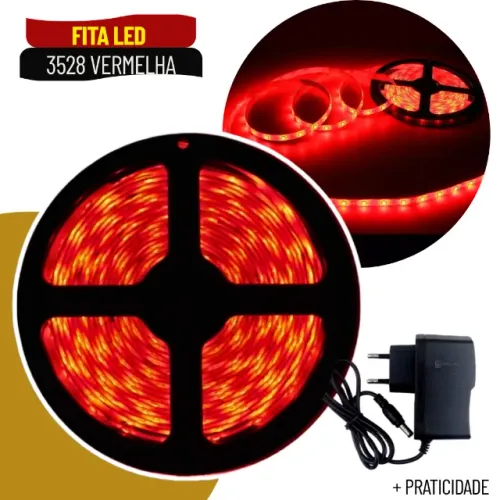 Fita LED 3528 Vermelha 5m 300 LEDs 12V com Dupla Face IP20 - SCS68
