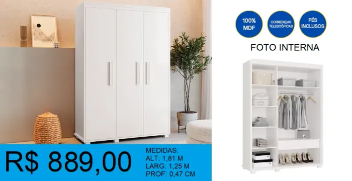 ARMARIO MULTI USO 3 PORTAS 100% MDF - A PRONTA ENTREGA