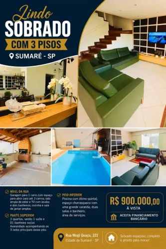 Sobrado para venda possui 200 metros quadrados com 3 quartos em Vila Menuzzo - Sumaré - SP