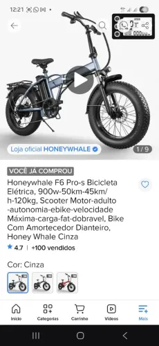 Bicicleta elétrica Honeywale 900 watts