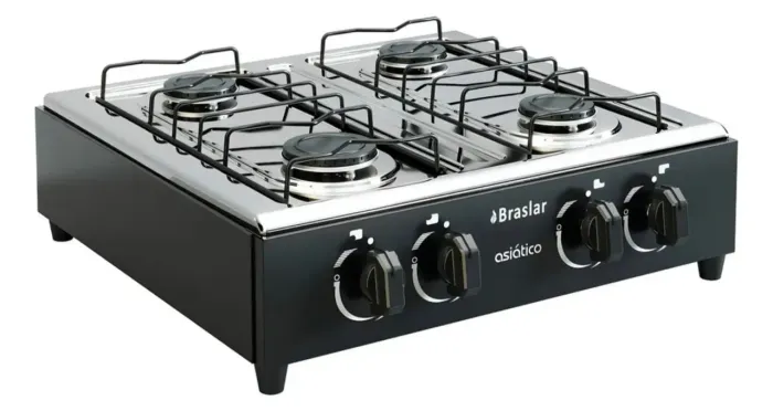 Fogão Cooktop De Mesa Portátil Asiático Com Mesa Inox 4 bocas Á gás Acendimento Manual