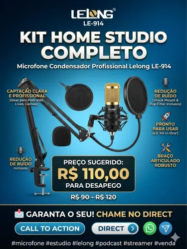 Microfone Condensador Lelong LE-914 Kit Home Studio Completo
