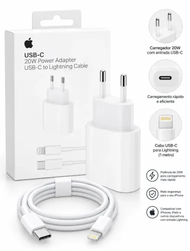 Carregador iPhone 20W USB-C + Cabo Lightning - Kit Completo