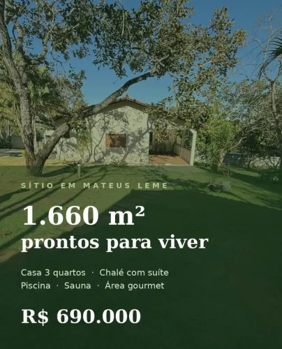 Título: Sítio 1.660m² em Mateus Leme ? 3 quartos, piscina, sauna e poço artesiano