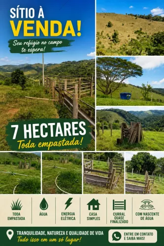 SÍTIO À VENDA - 7 HECTARES | ÁGUA, ENERGIA E PASTO FORMADO