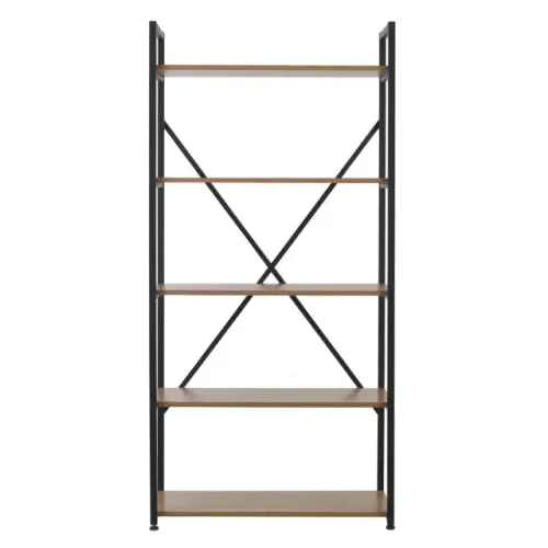 Estante para Livros de Metal e Madeira MDP com 5 Prateleiras Preta Industrial 152x72x33cm 