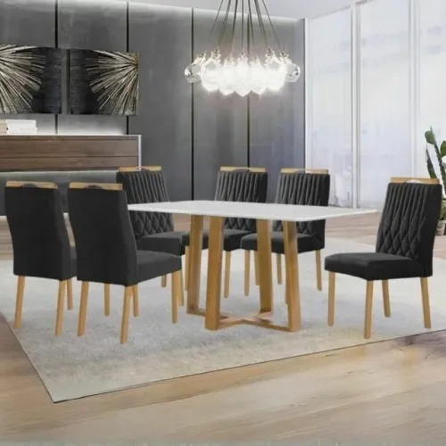 Mesa Pedro 160 Mel/Off White com 6 Cadeiras Gênova Veludo Preto