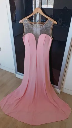Vestido elegante de crepe Rosa Nude com pontos de luz e tule Nº 40