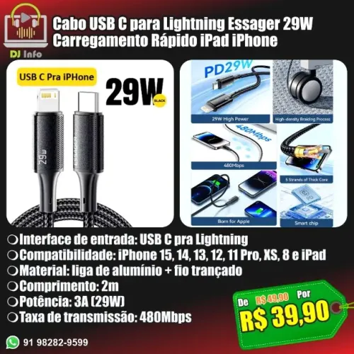 Cabo USB C para Lightning Essager 29W Carregamento Rápido iPad iPhone