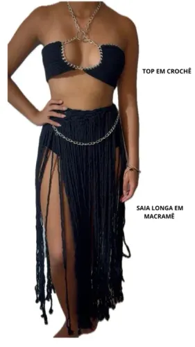 Conjunto Crochê Preto com Saia Longa em Macramê