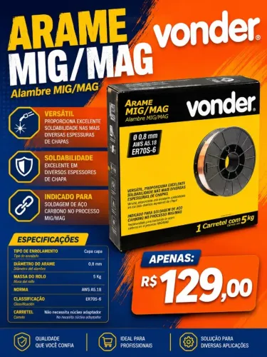 Arame Mig 0,8mm Carretel 5 kg Vonder