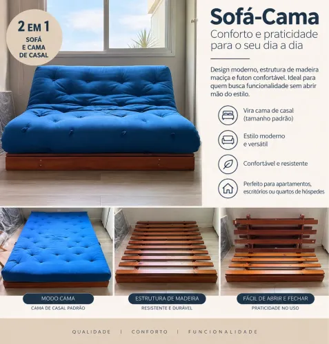 SOFÁ-CAMA FUTON CASAL - ESTRUTURA DE MADEIRA