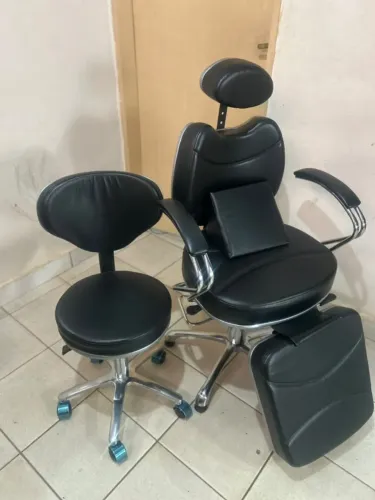 Kit Cadeira Reclinável para Estética / Maquiagem / Cílios + Mocho com Rodinhas - Preto