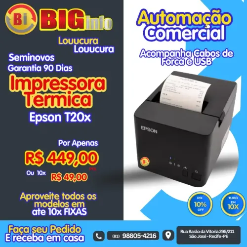 Impressora Cupom Epson Usb Serial Tm-t20x - Em ate 10x Fixas