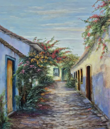 Tela pintada a óleo texturizada Casario de Paraty 60x50cm Lourdes de Lima