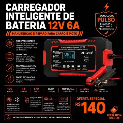Carregador de bateria Veicular 6 amperes 