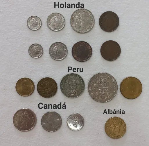 16 moedas antigas do Peru, Albânia, Holanda e Canadá