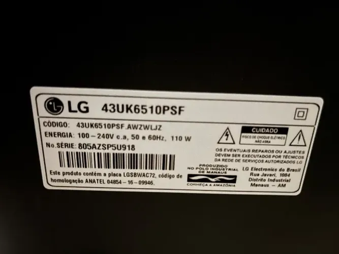 TV LG 43? Smart TV 4K - Modelo 43UK6510PSF - Para Conserto ou Peças