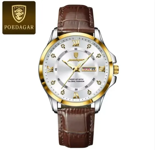 Relógio de Pulso de Luxo Acessível Poedagar® Ouro Branco 855 Alg. romano Pulseira em Couro