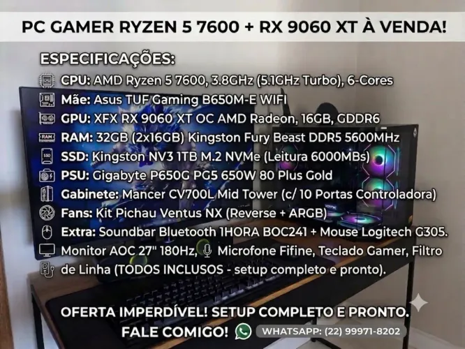 PC GAMER RYZEN 5 7600 + RX 9600 XT À VENDA
