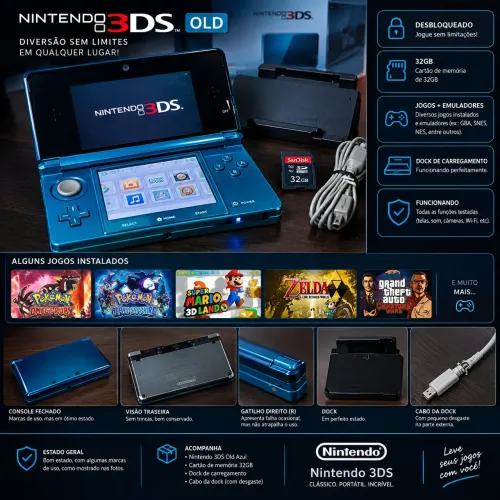 Nintendo 3DS Old Desbloqueado 32GB + Dock + Jogos