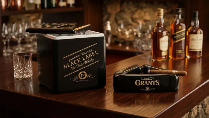 Kit Colecionável para Bar: Balde de Gelo Johnnie Walker + Cinzeiro Grant's 18 Anos