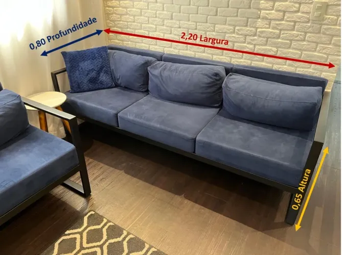 Sofá 3 lugares Azul Suede - estrutura em metalon