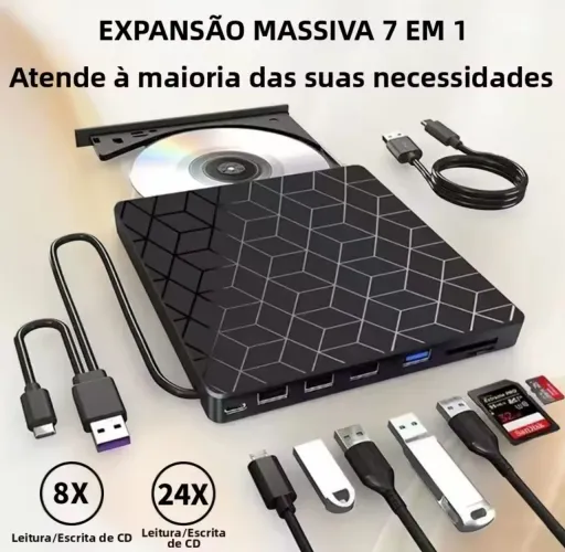 Leitor e Gravador de CD/DVD externo 7 em 1 USB Tipo C  3.0
