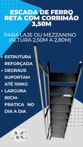 Escada Reta de Ferro degraus de 0.50 x 3,5 mts ideal para lajes ate 2.80