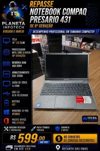 Notebook Compaq core i3 6157U com 4gb de ram DDR4 + SSD 120gb ( REPASSE )