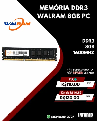 Memória RAM Walram 8GB DDR3 1600MHz para PC