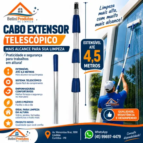 Cabo Extensor Telescópico 4,5 Metros para Limpeza Profissional
