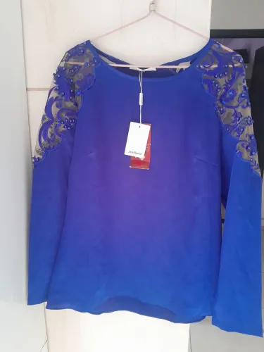 Blusa Feminina Cetim Azul Jean Darrot M - Nova