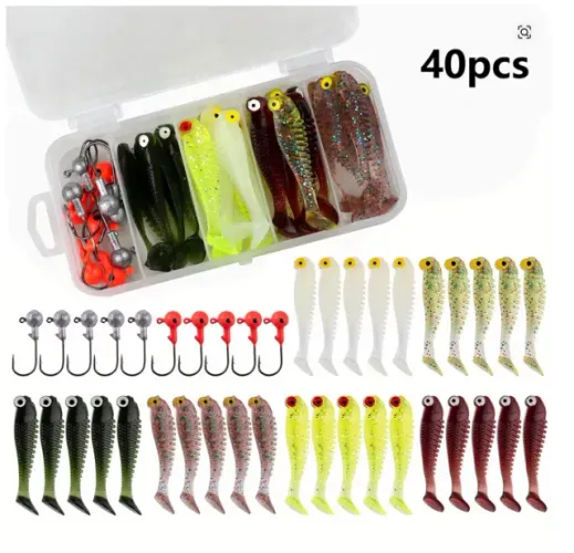 Kit 30 Iscas Soft Shad 5cm + 10 Jighead + Caixa 05 Espaços