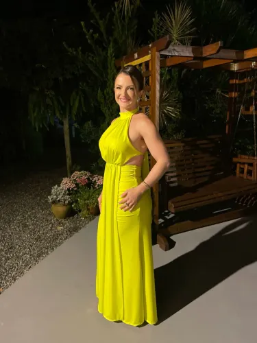 Vestido de Festa Longo Malha Jersey Gola Alta Saia Sereia Verde Lima