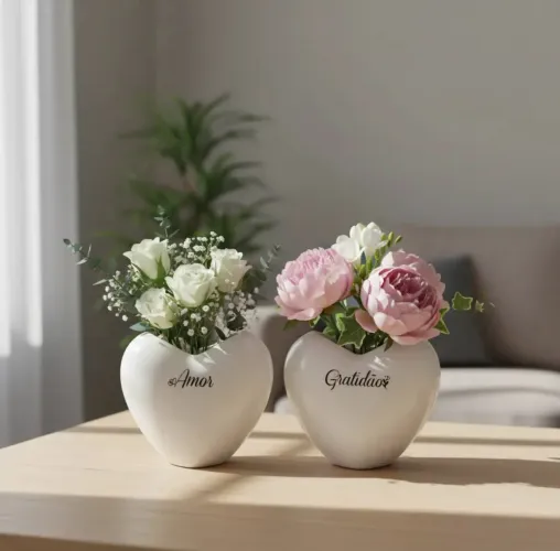 Vaso Decorativo de Coração com Planta Artificial - Amor/Gratidão