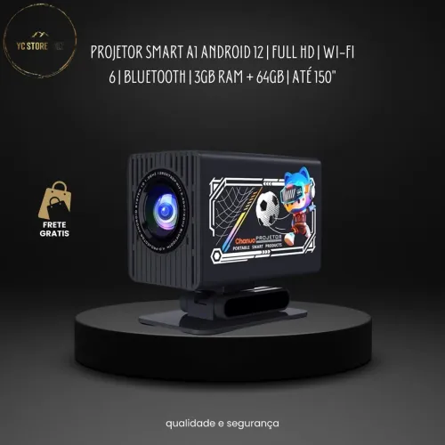 Projetor Smart A1 Android 12 | Full HD | Wi-Fi 6 | Bluetooth | 3GB RAM + 64GB | Até 150"