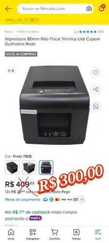 Impressora 80mm não fiscal Térmica USB Cupom Guilhotina Rede