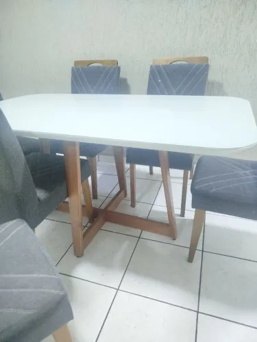 Mesa com tampo de vidro+ 6 Cadeiras Sala de Jantar Cozinha Bordadas Estofado Cor Cinza