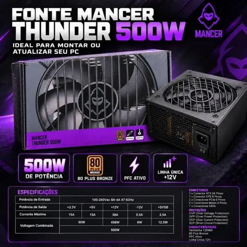 Fonte Mancer Thunder 500W 80 Plus Bronze - PFC Ativo